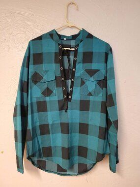 Women's Size Large Green & Black Plaid Shirt 3/4 Drawstring